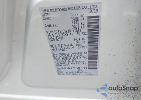2020 Nissan Pathfinder Sl 2Wd z USA, uszkodzony, nr VIN 5N1DR2CN8LC588531